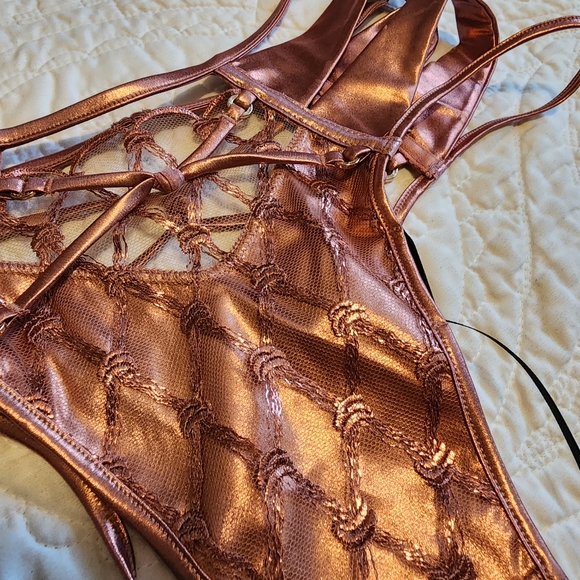 NWT Honey Birdette Francesca Metallic Sheen Rose Gold High Waist Brazilian - Picture 4 of 6